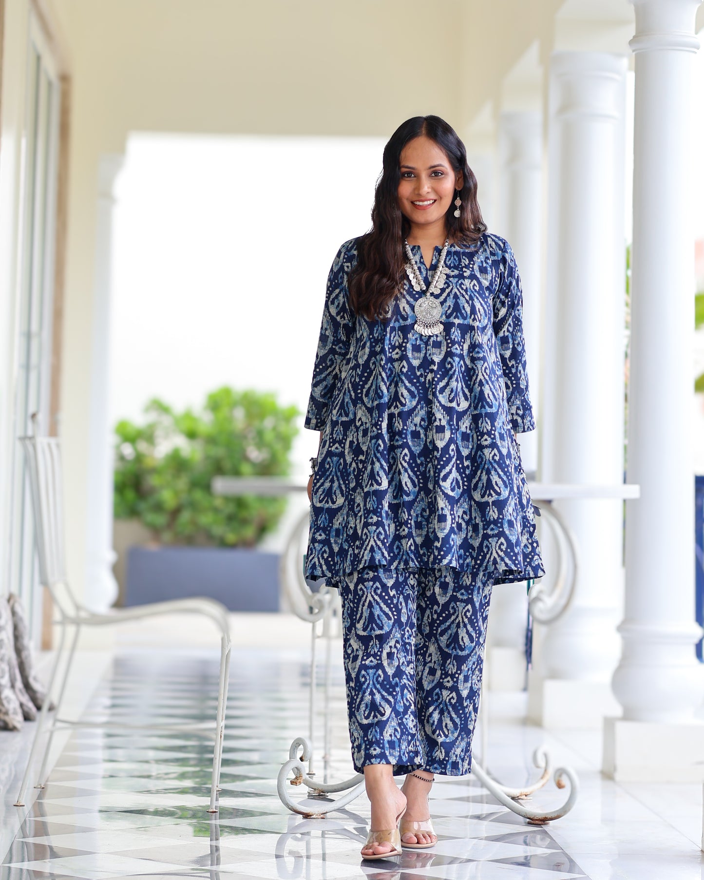 Kavya Blue Ikat Print Short Cotton Kurta Set