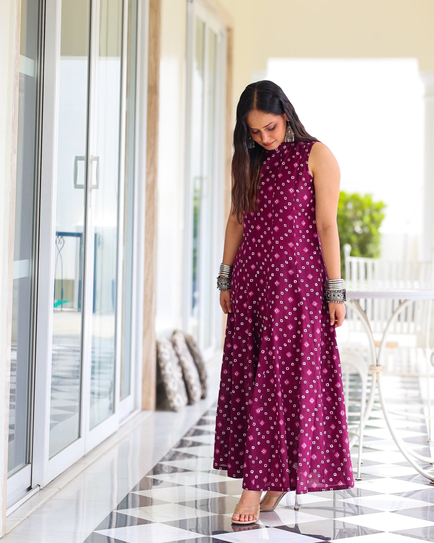Aditi Purple Bandhani Print Cotton Maxi Dress