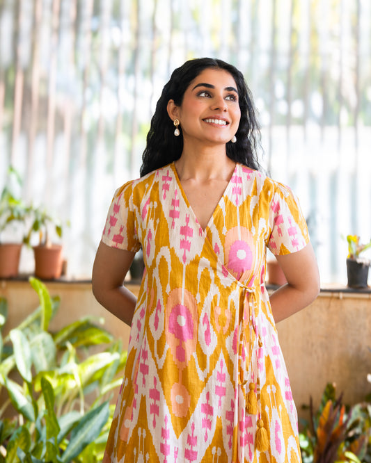 Bay Yellow Ikat Print Cotton Wrap Dress