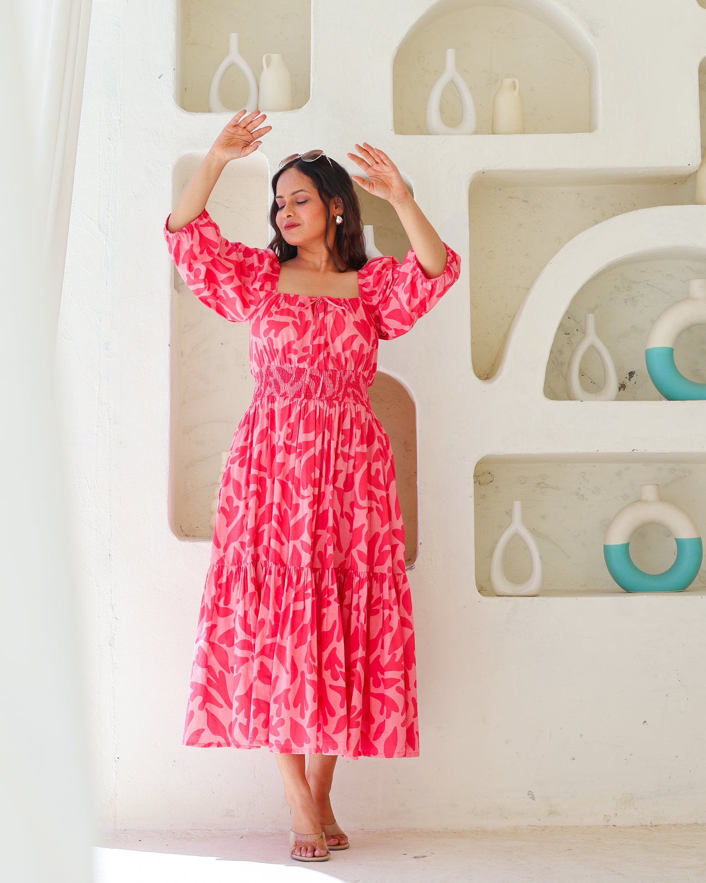 Jules Pink Cotton Tiered Midi Dress