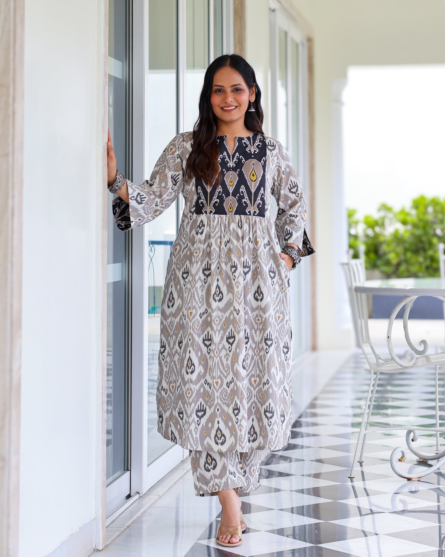Vedika Grey Ikat Cotton Kurta Set