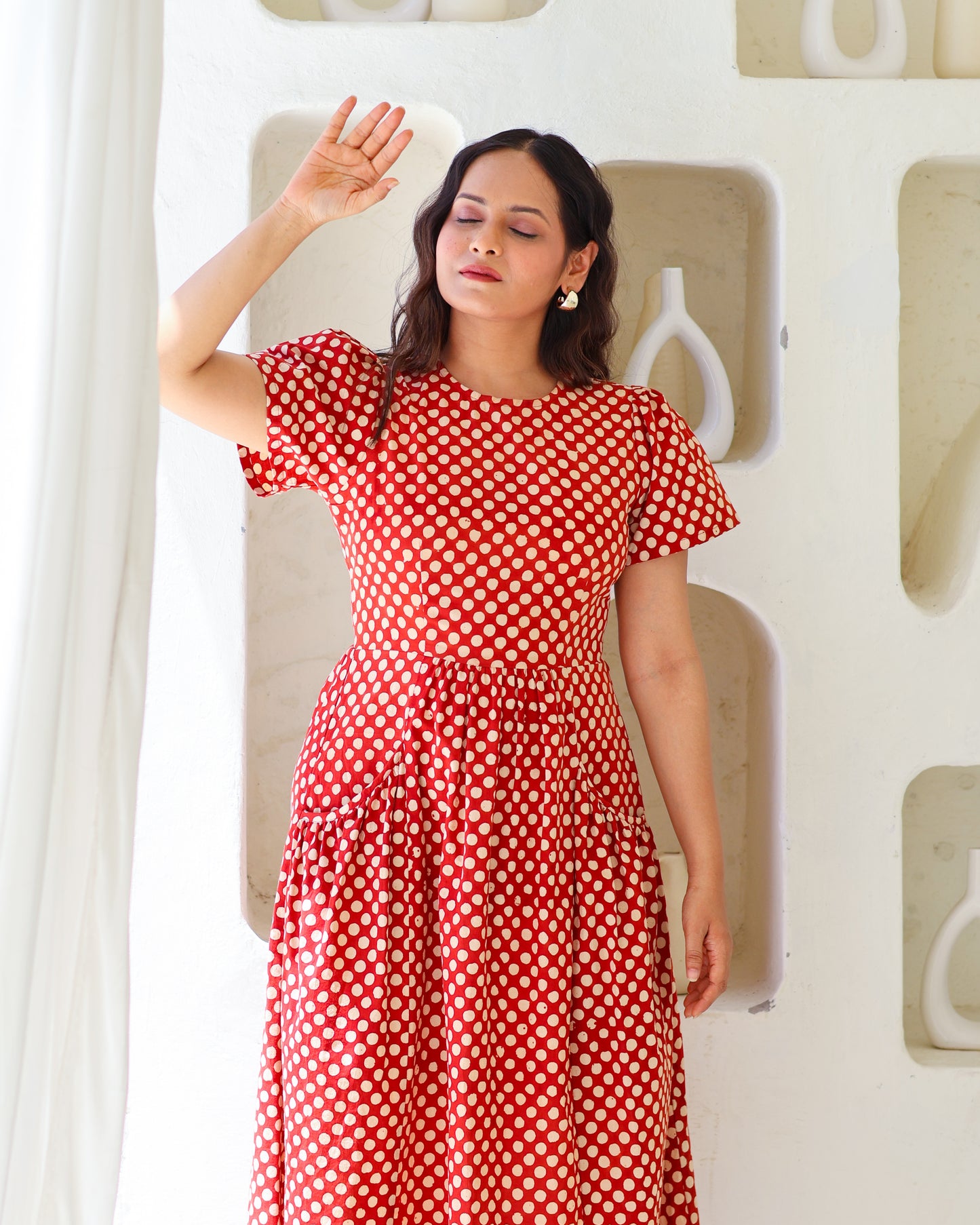 Sarah Red Polka Bagru HandBlock Print Midi Dress