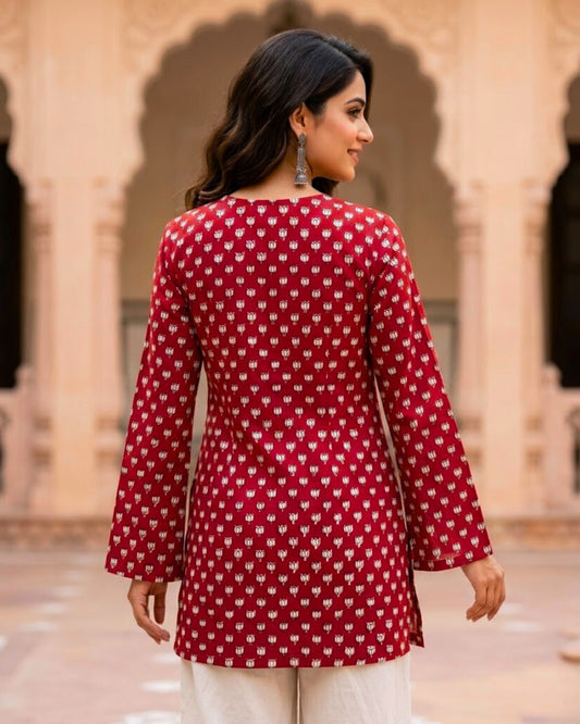 Tia Red HandBlock Print Sleeved Short Kurti