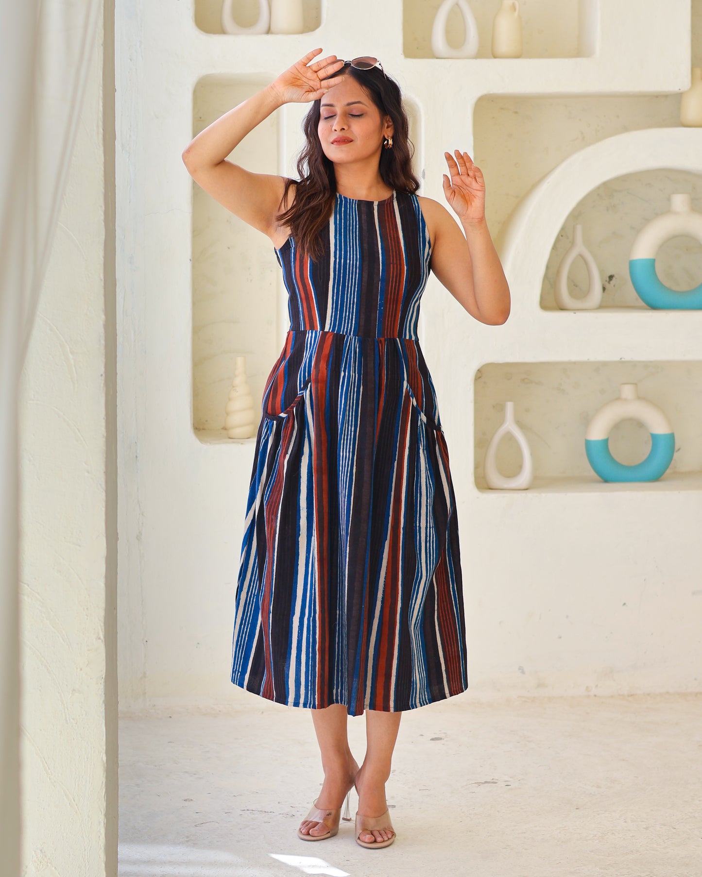 Megan Striped Jahota HandBlock Print Midi Dress