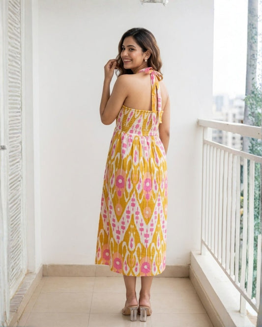 Bay Yellow Ikat Cotton Midi Dress