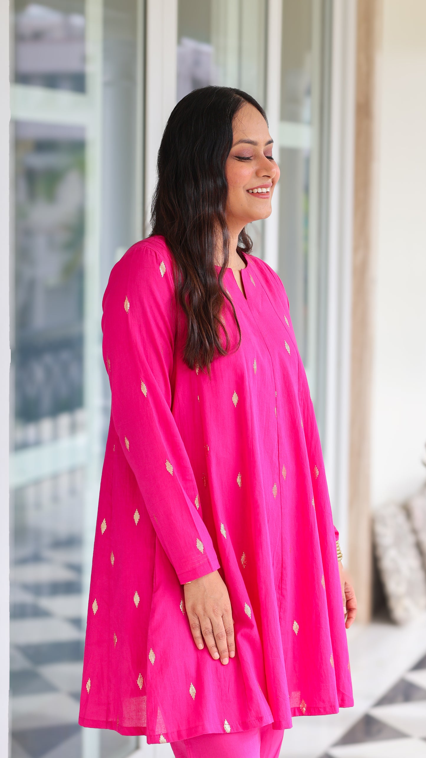 Rani Pink Cotton Lurex Short Kurta Set