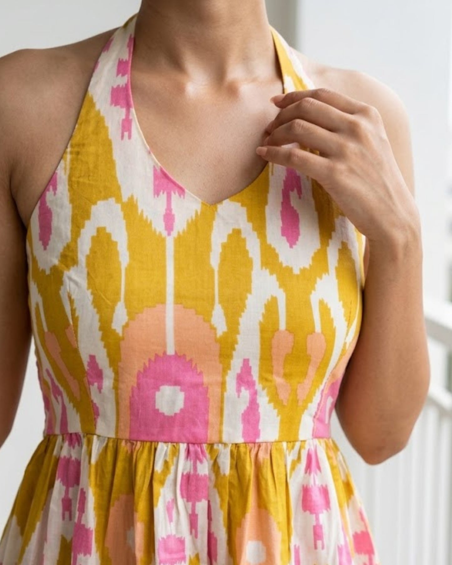 Bay Yellow Ikat Cotton Midi Dress