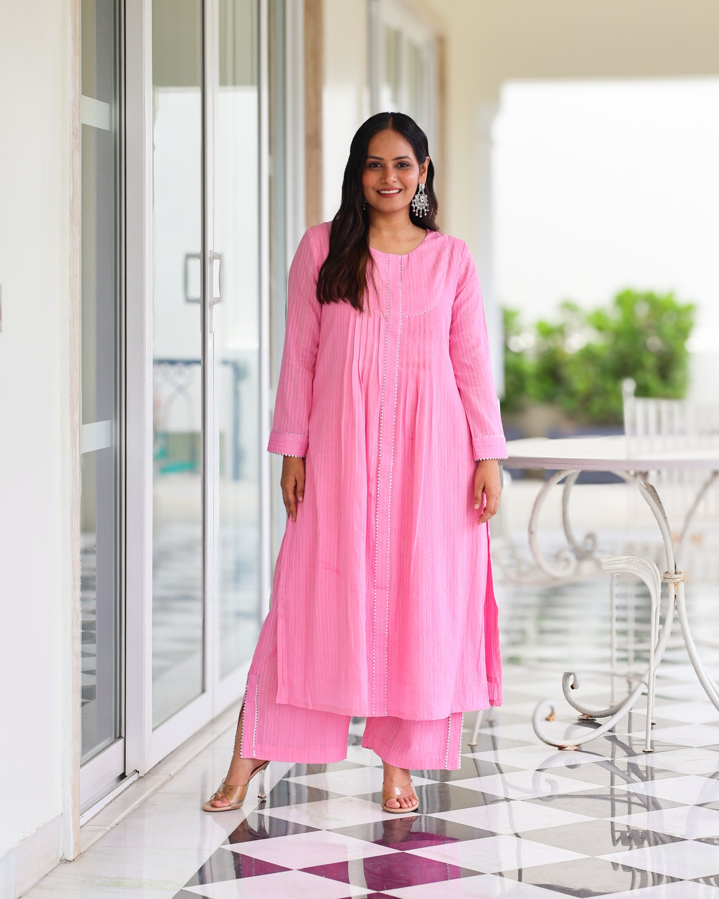 Harleen Pink Cotton Lurex Straight Kurta Set