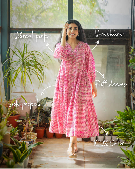 Rosette Pink Cotton Midi Dress