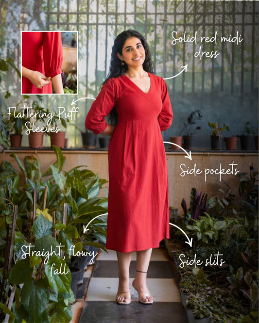 Emma Red Cotton Midi Dress