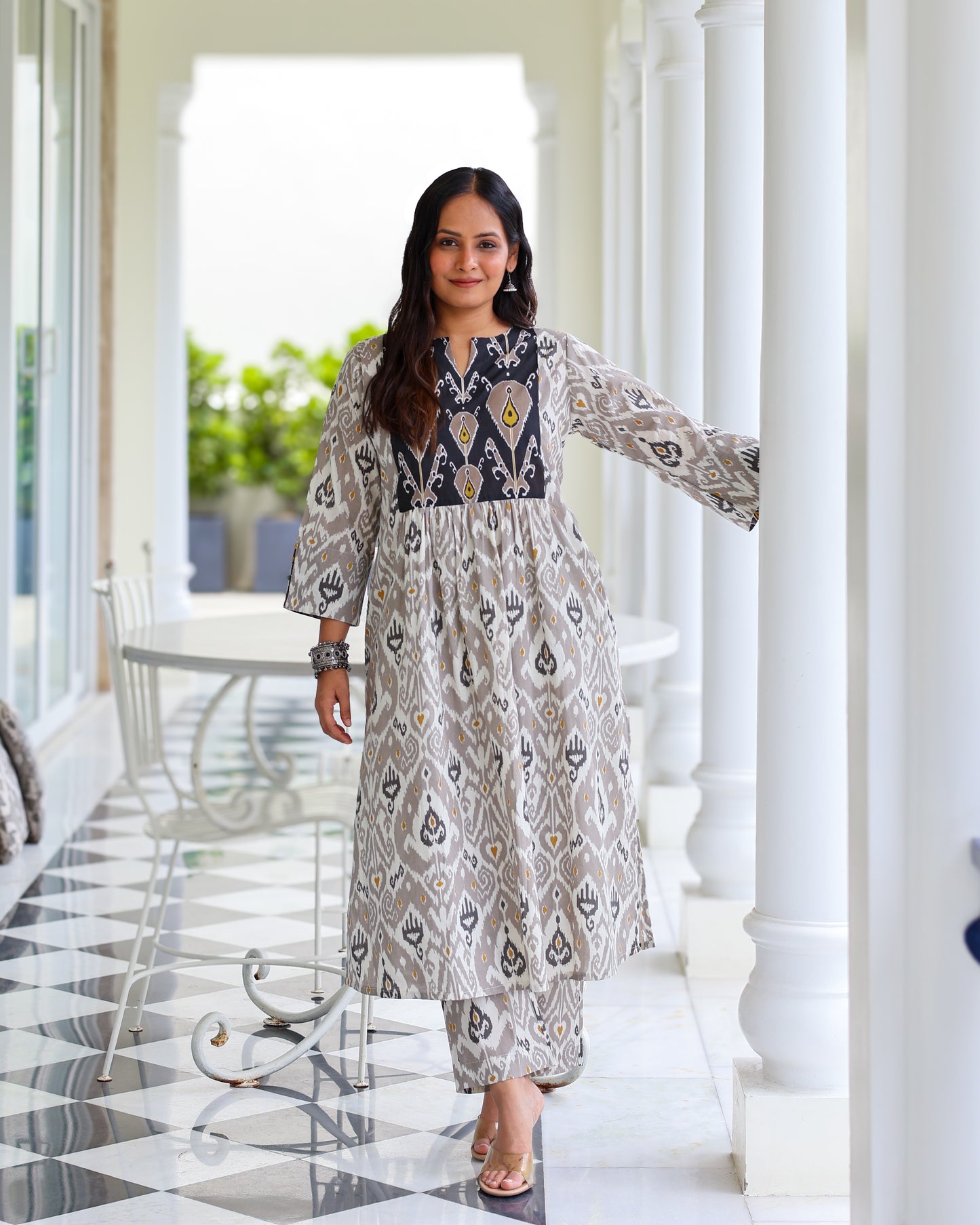 Vedika Grey Ikat Cotton Kurta Set