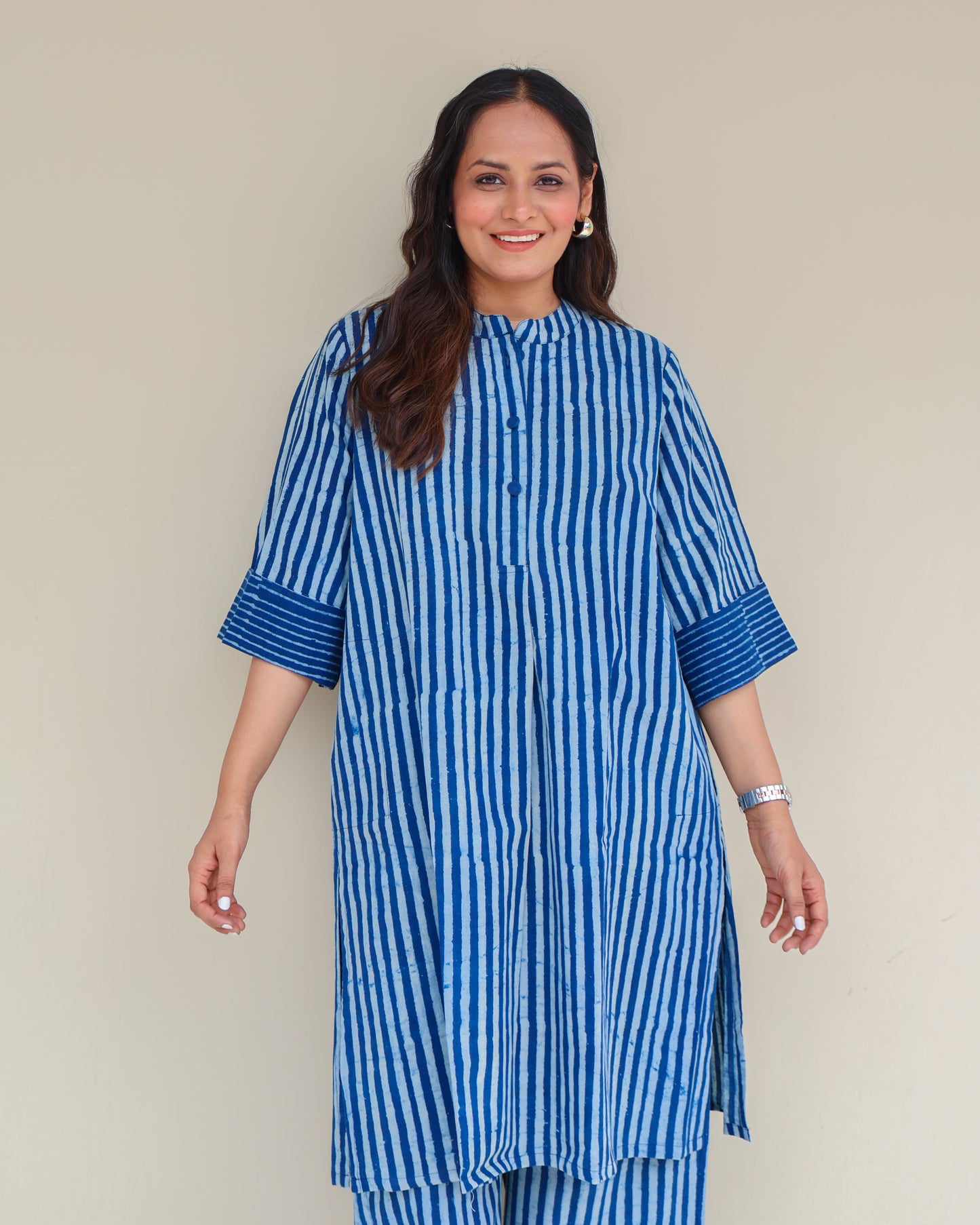 June Indigo Dabu HandBlock Stripes Print Cotton Kurta Set