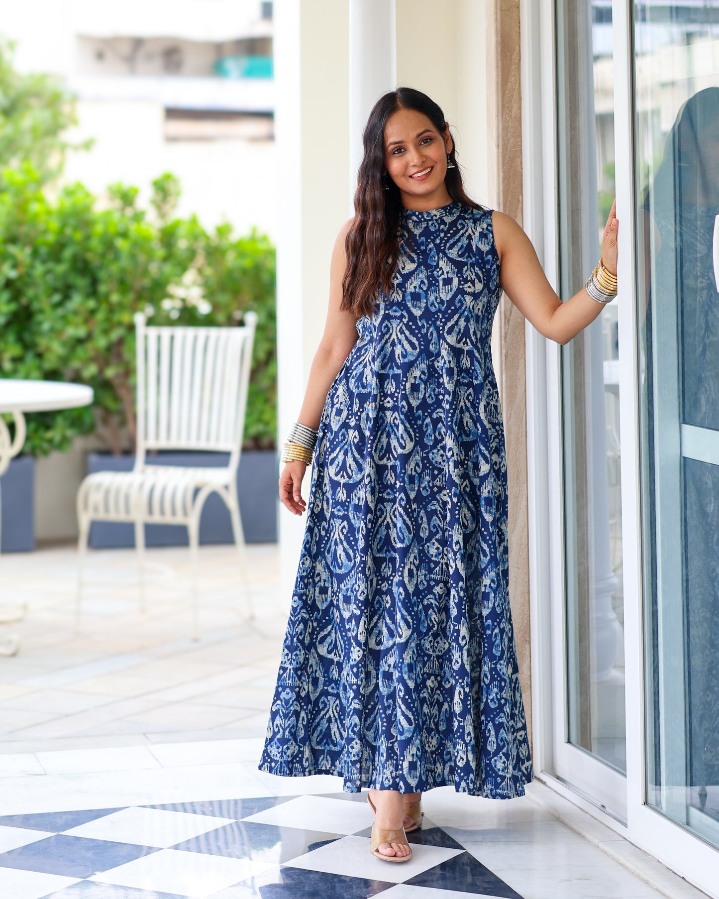 Kavya Blue Ikat Print Cotton Maxi Dress