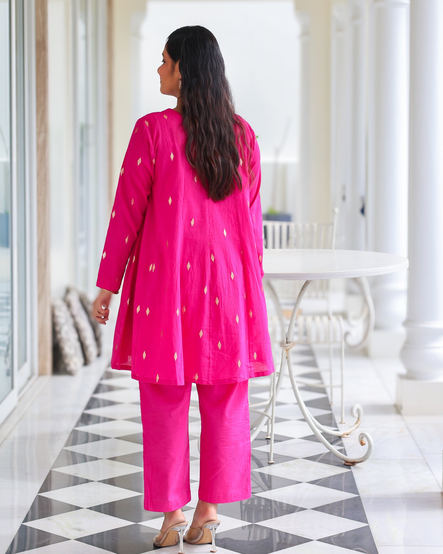 Rani Pink Cotton Lurex Short Kurta Set