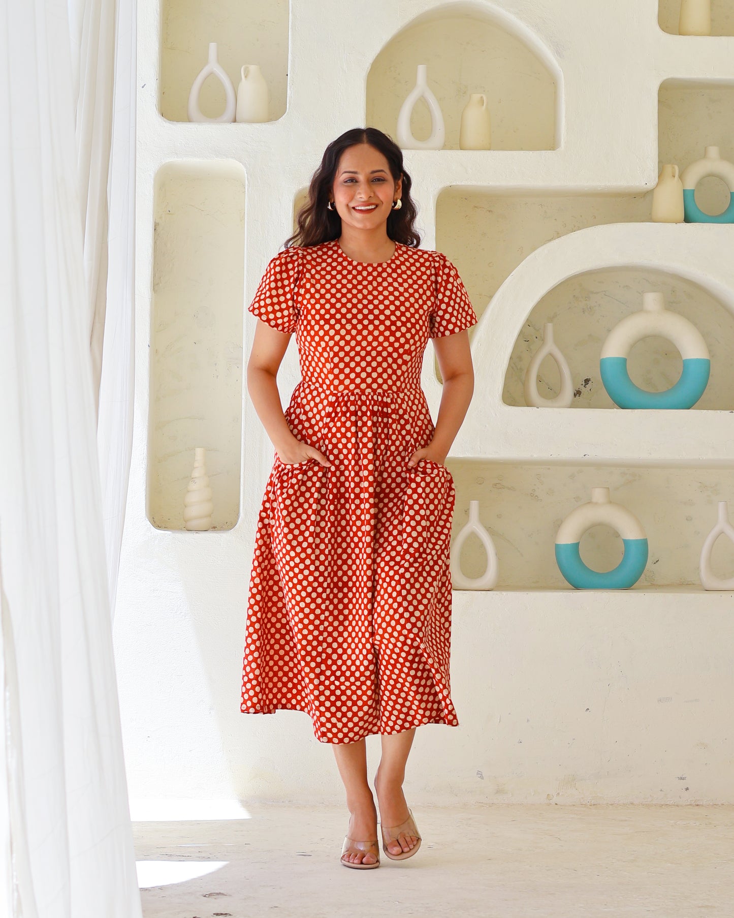 Sarah Red Polka Bagru HandBlock Print Midi Dress