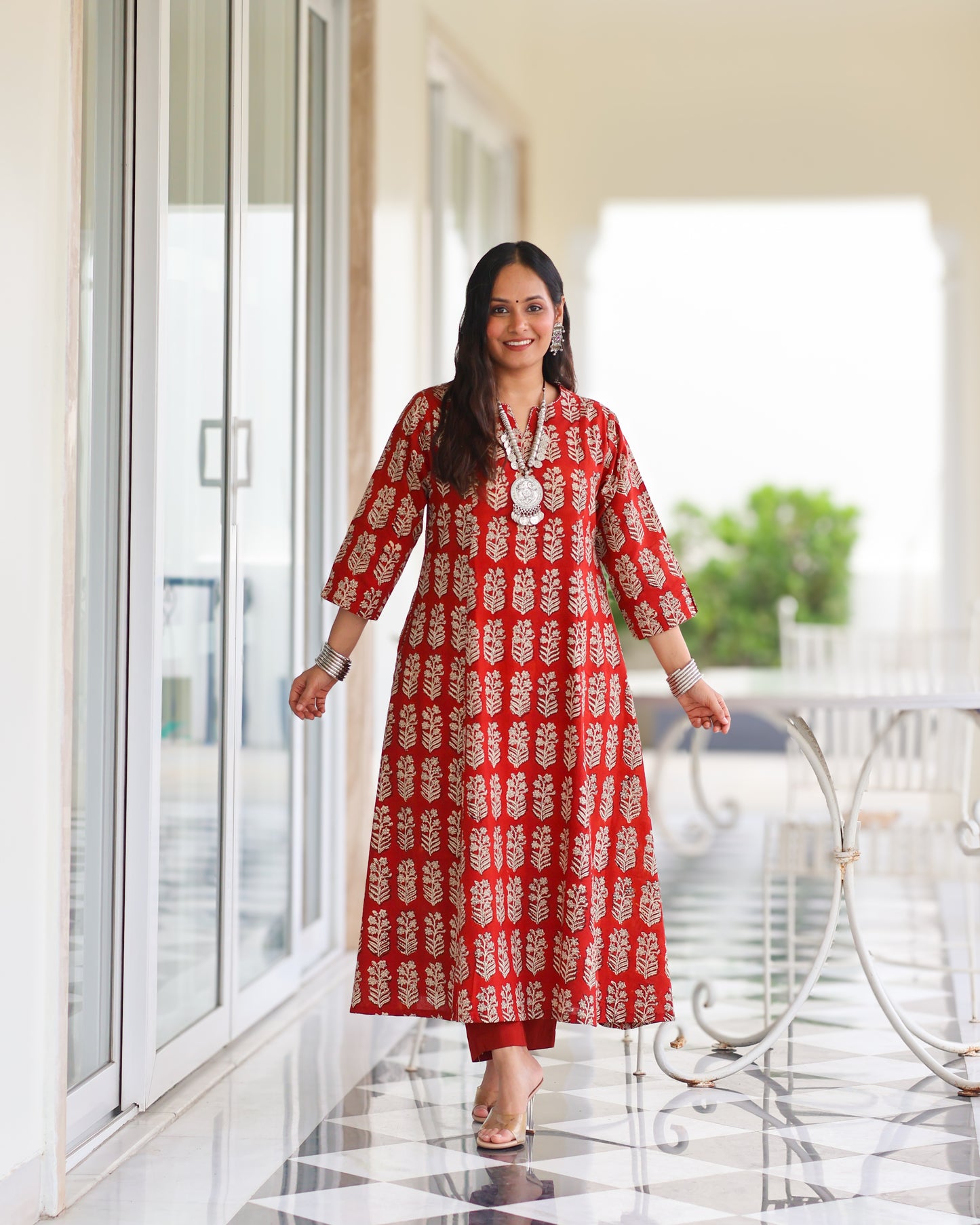 Durga Red HandBlock Print Kurta Set