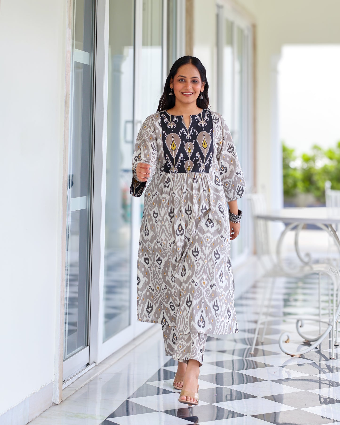 Vedika Grey Ikat Cotton Kurta Set
