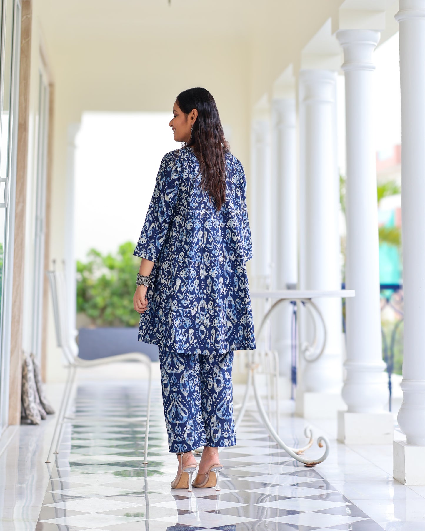 Kavya Blue Ikat Print Short Cotton Kurta Set