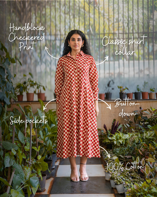 Lumi HandBlock Checkered Print Midi Shirt Dress