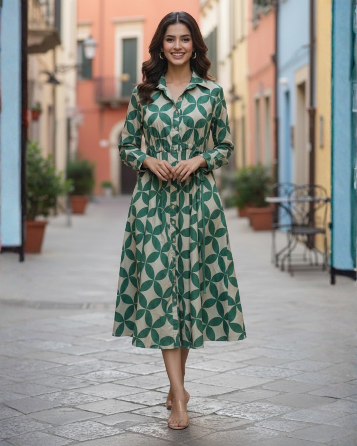 Blair Green Button-down Circular Midi Dress