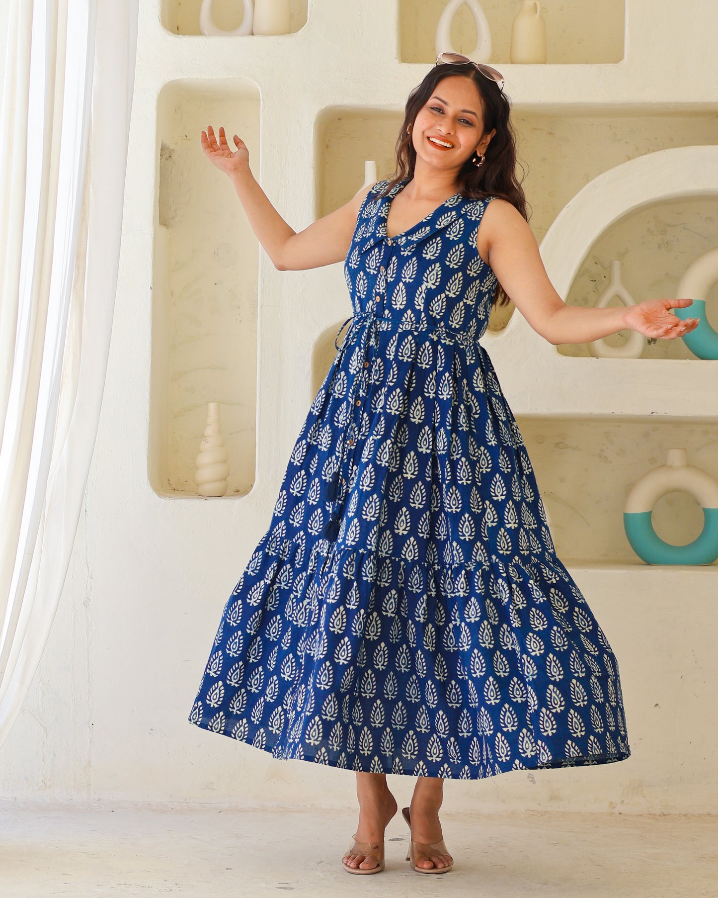 Zoey Indigo HandBlock Dabu Print Tiered Midi Dress