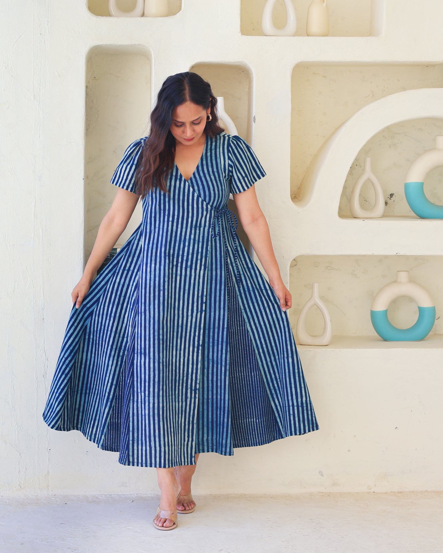 June Indigo HandBlock Dabu Stripes Print Cotton Wrap Dress