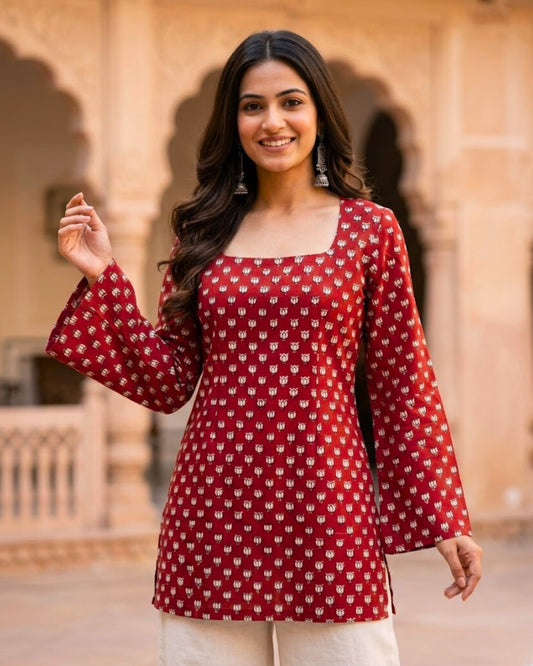 Tia Red HandBlock Print Sleeved Short Kurti