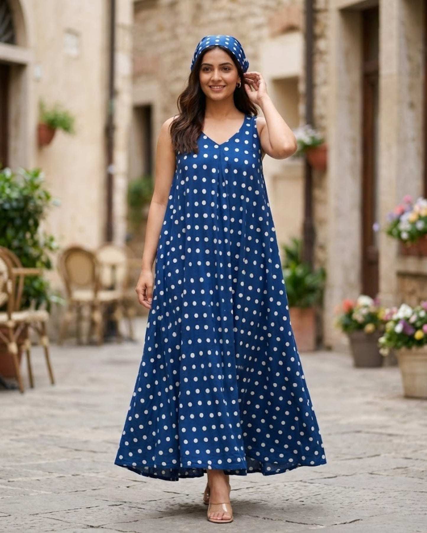 Stella Indigo Polka HandBlock Dabu Print Cotton Maxi Dress