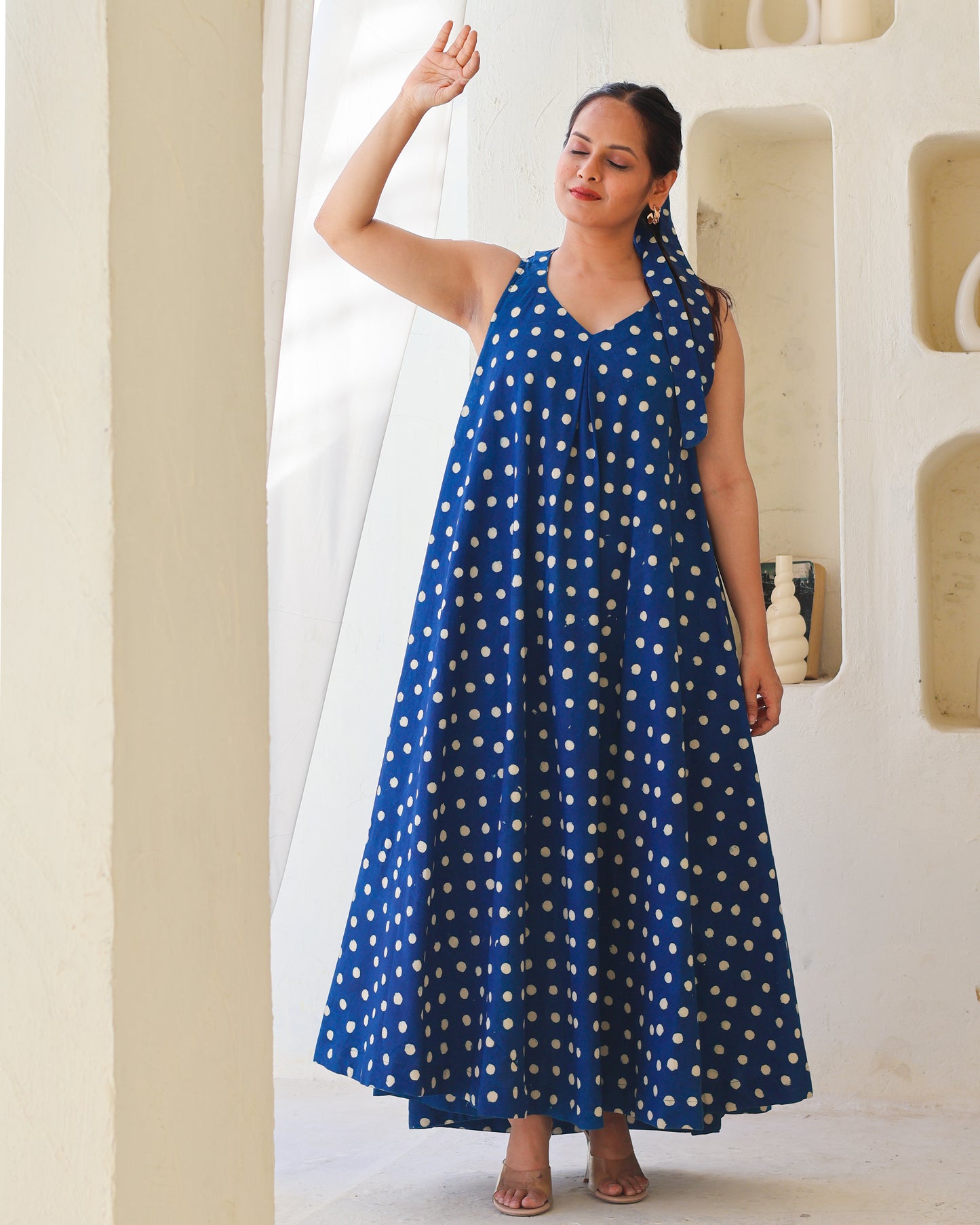 Stella Indigo Polka HandBlock Dabu Print Cotton Maxi Dress
