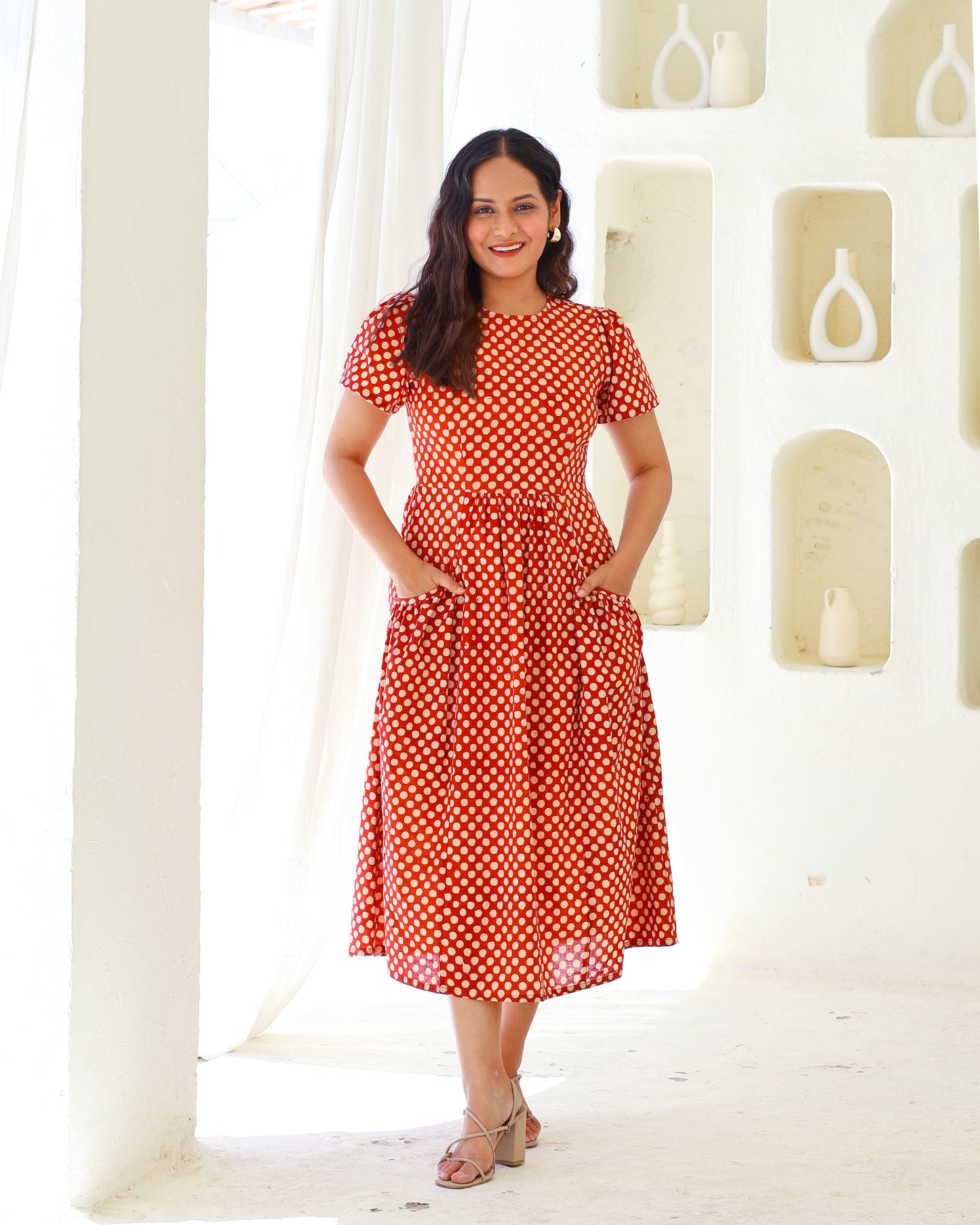 Sarah Red Polka Bagru HandBlock Print Midi Dress