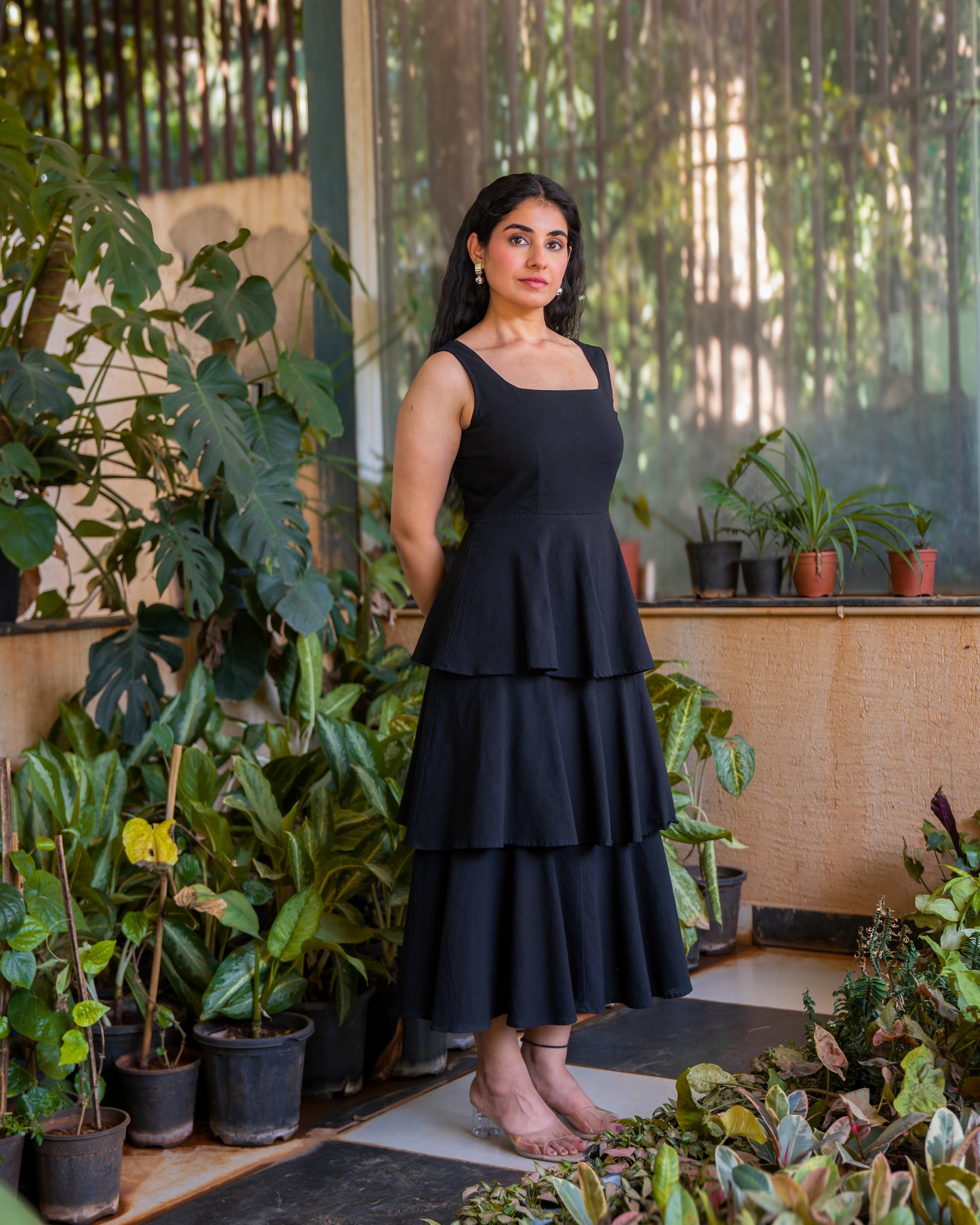 Nina Black Frilled Cotton Midi Dress