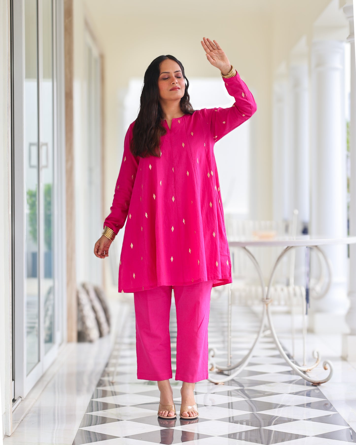 Rani Pink Cotton Lurex Short Kurta Set