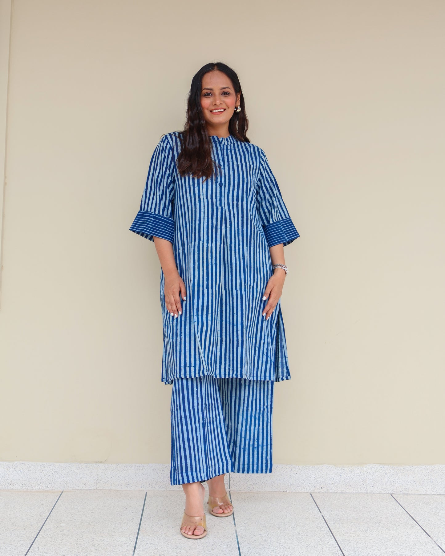 June Indigo Dabu HandBlock Stripes Print Cotton Kurta Set