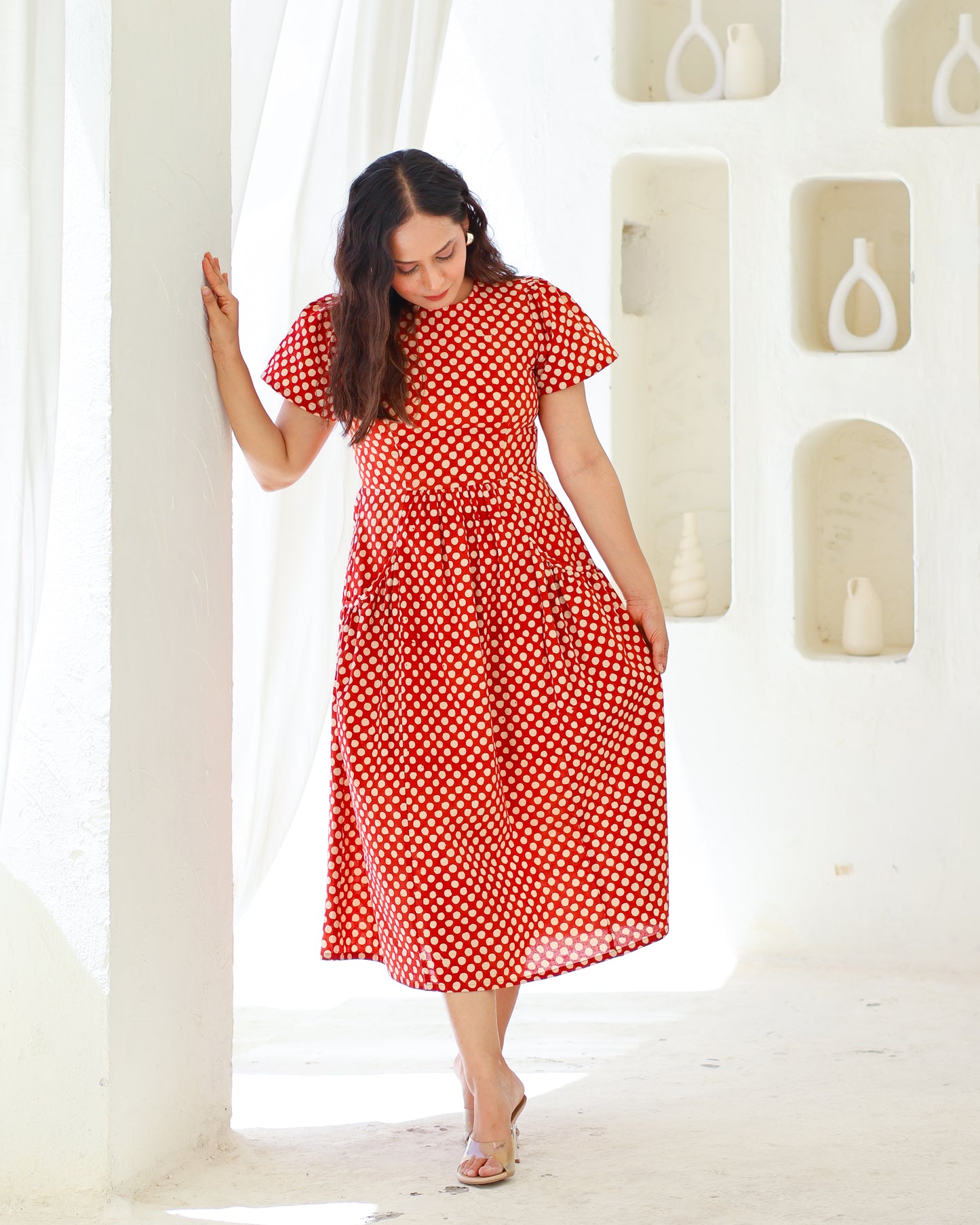 Sarah Red Polka Bagru HandBlock Print Midi Dress