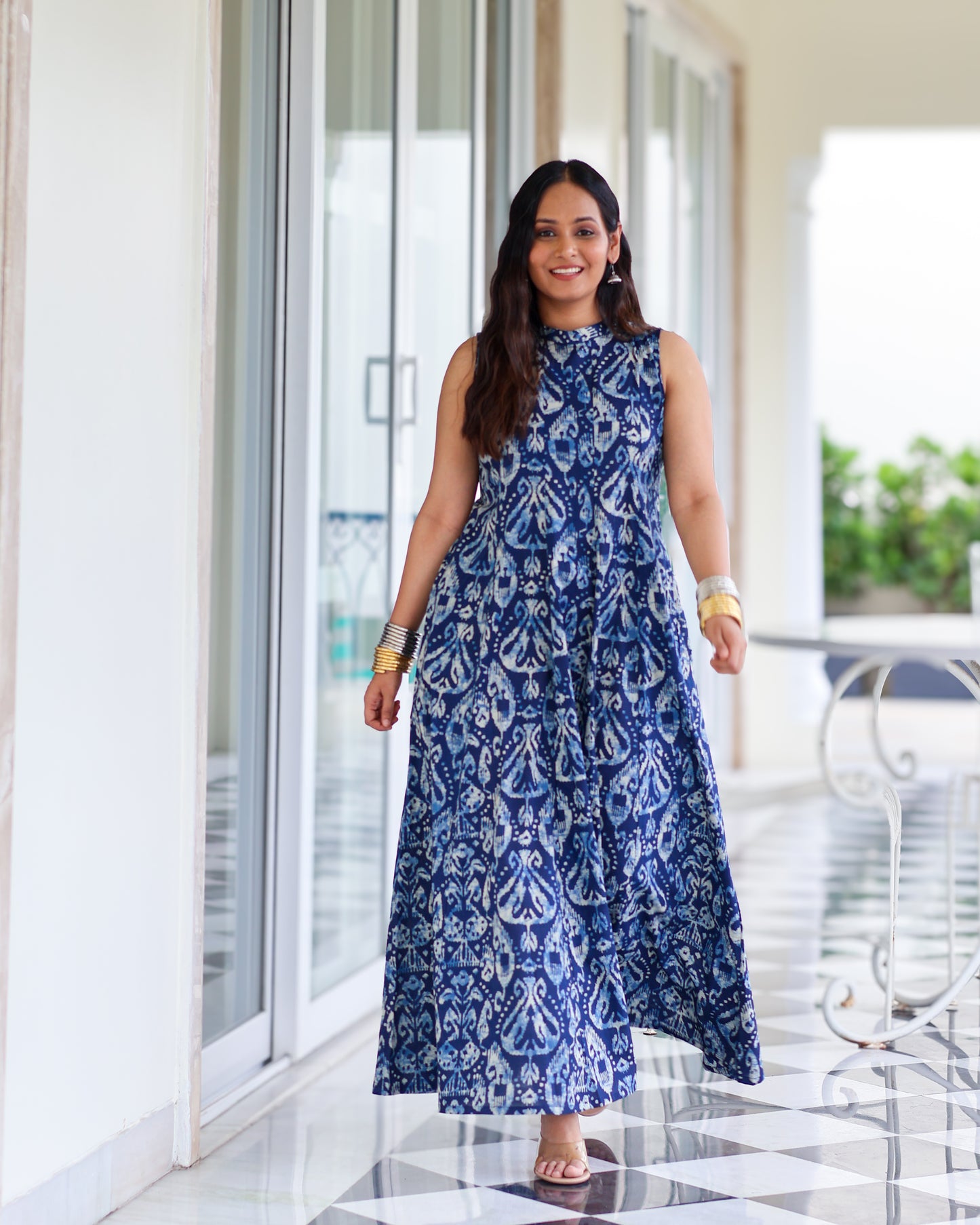 Kavya Blue Ikat Print Cotton Maxi Dress