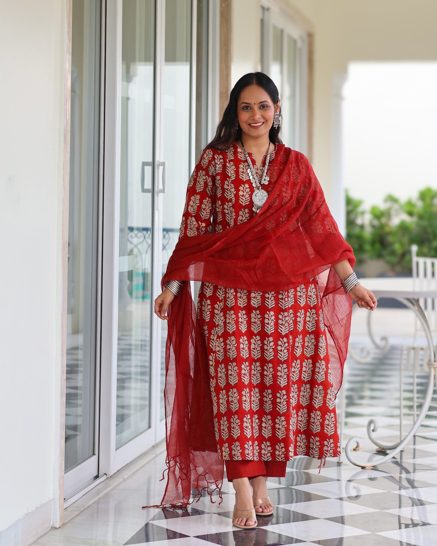 Durga Red HandBlock Print Suit Set