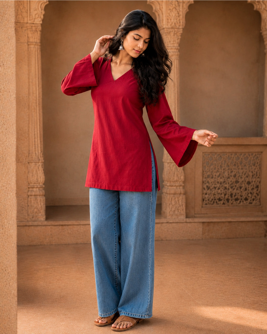 Emma Red Cotton Sleeved Short Kurti
