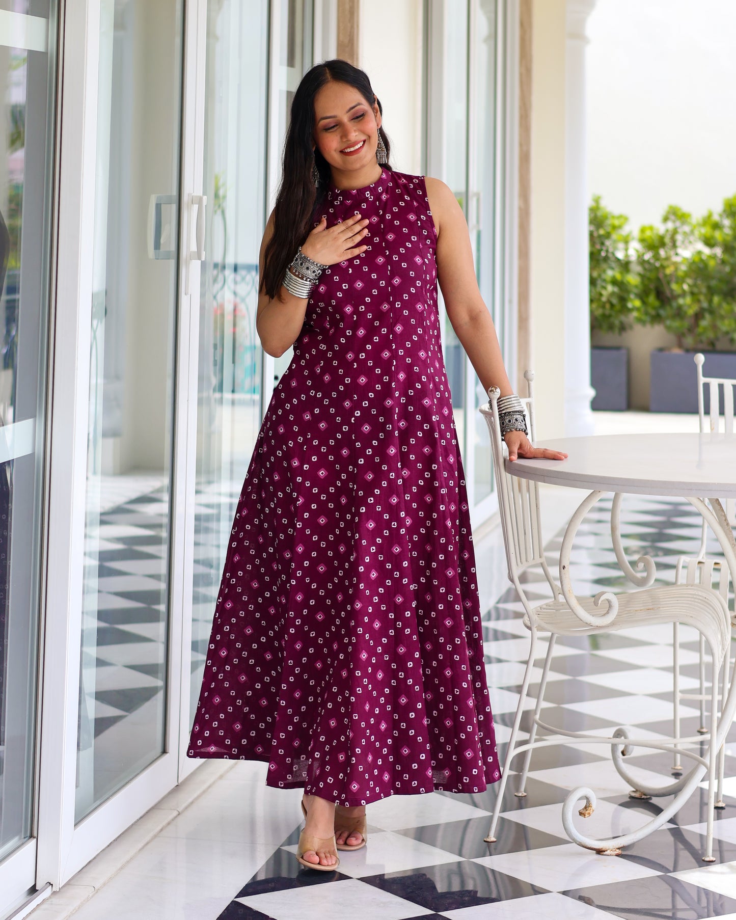 Aditi Purple Bandhani Print Cotton Maxi Dress