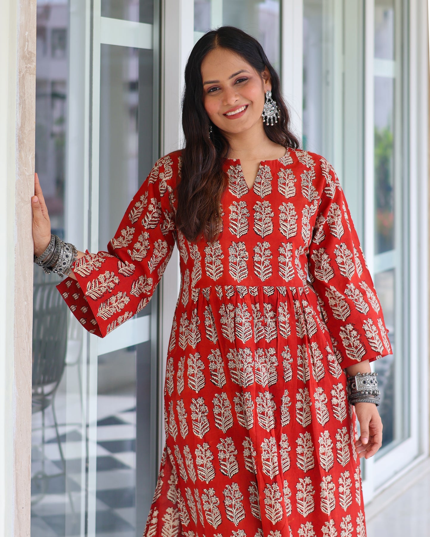 Piku Red HandBlock Bagru Print Cotton Kurta Set