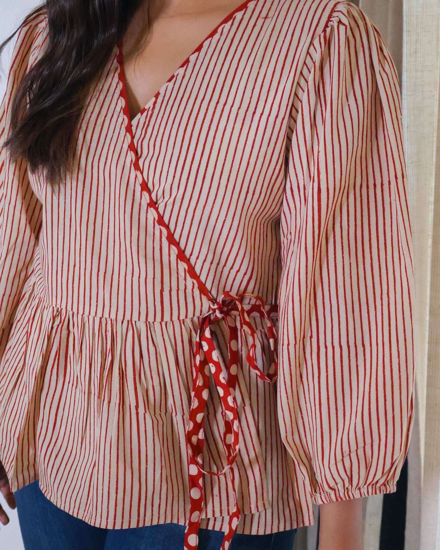 Sarah Striped HandBlock Print Wrap-style Cotton Top