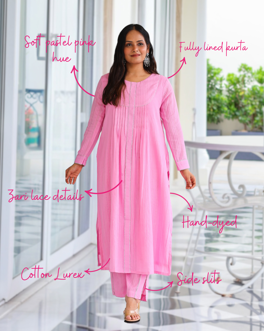 Harleen Pink Cotton Lurex Straight Kurta Set