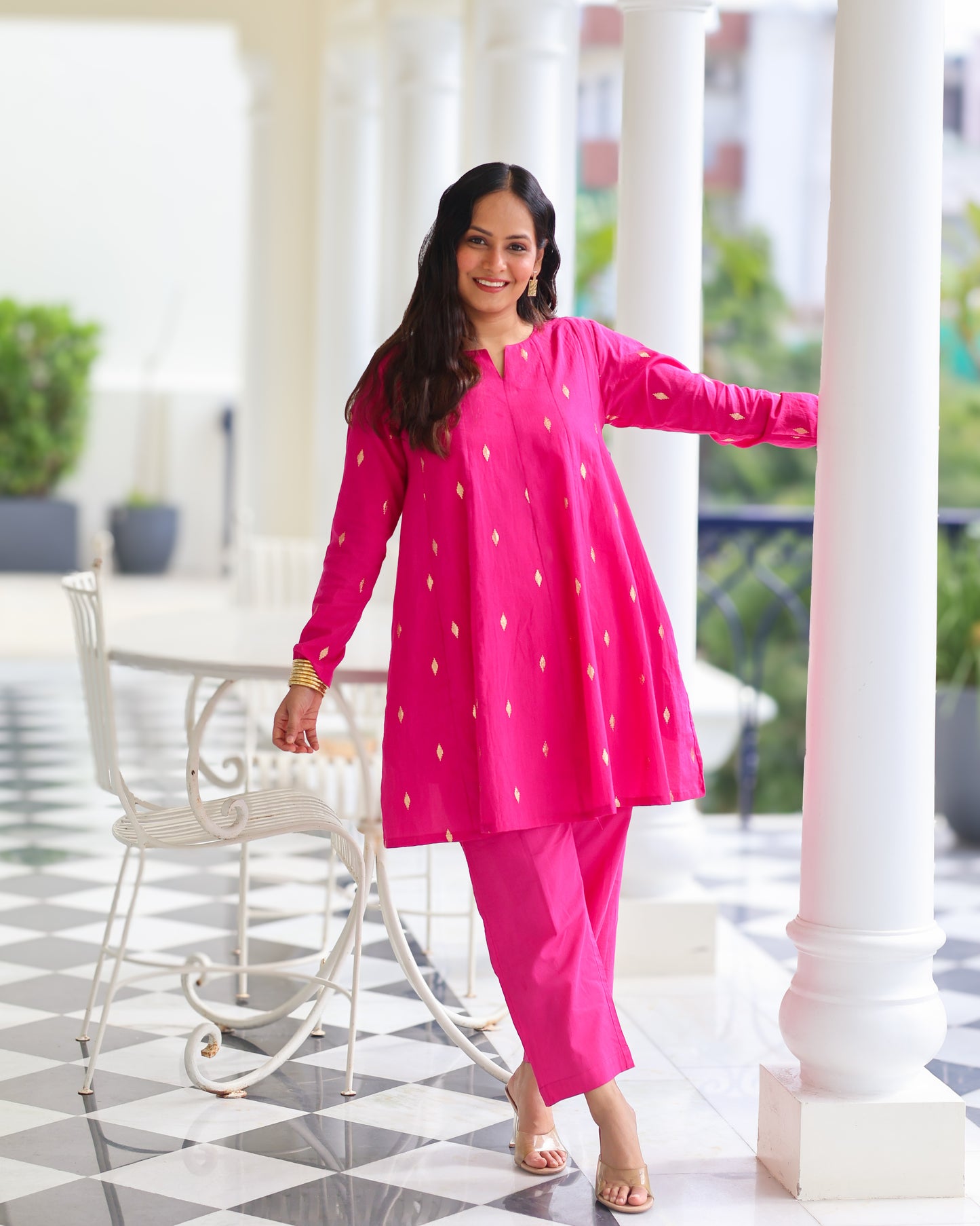Rani Pink Cotton Lurex Short Kurta Set