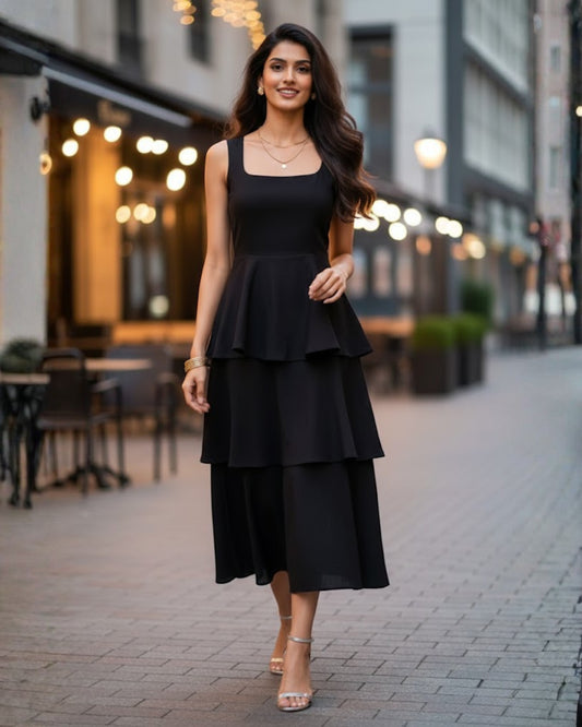 Nina Black Frilled Cotton Midi Dress