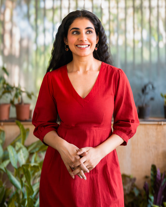 Emma Red Cotton Midi Dress