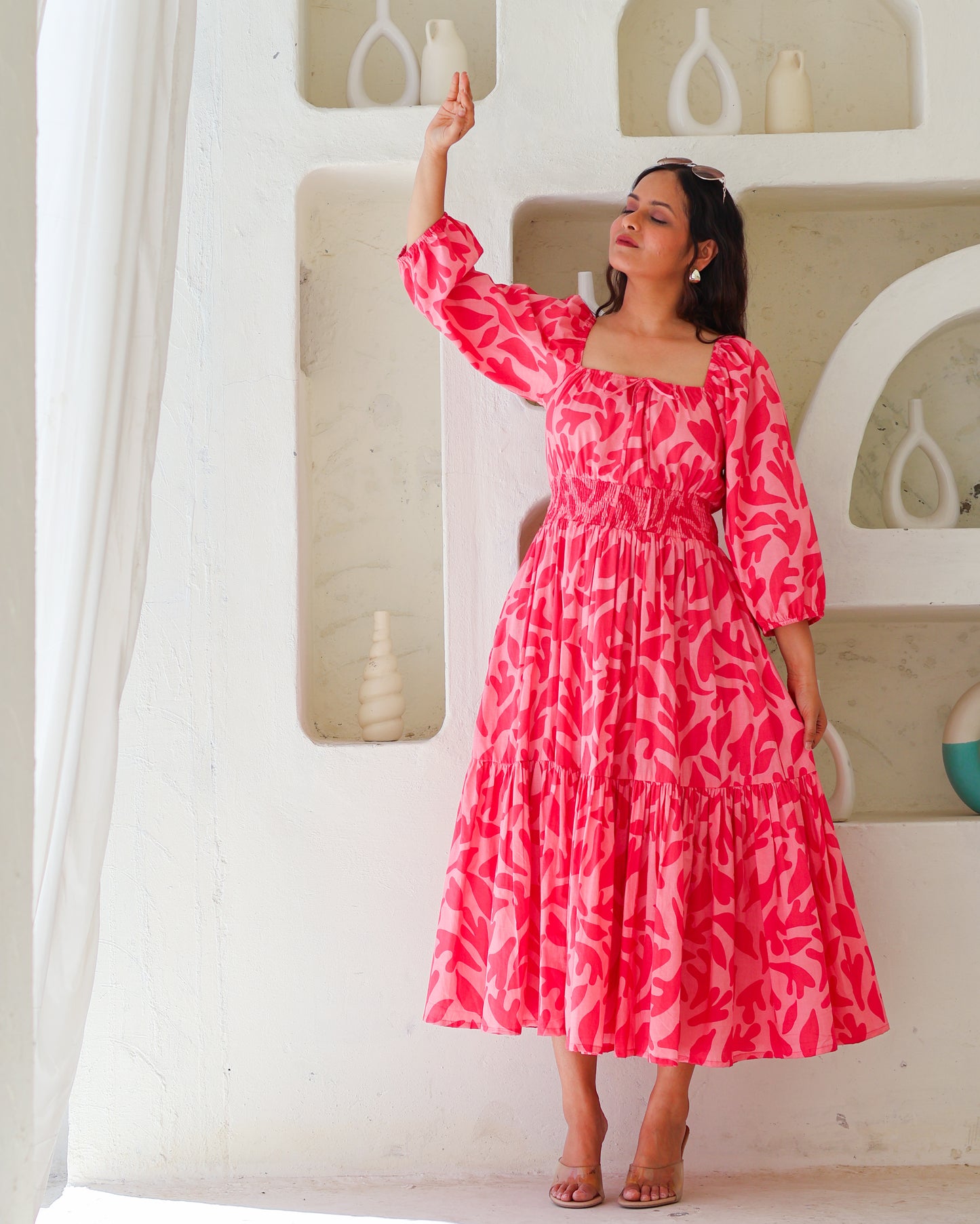Jules Pink Cotton Tiered Midi Dress
