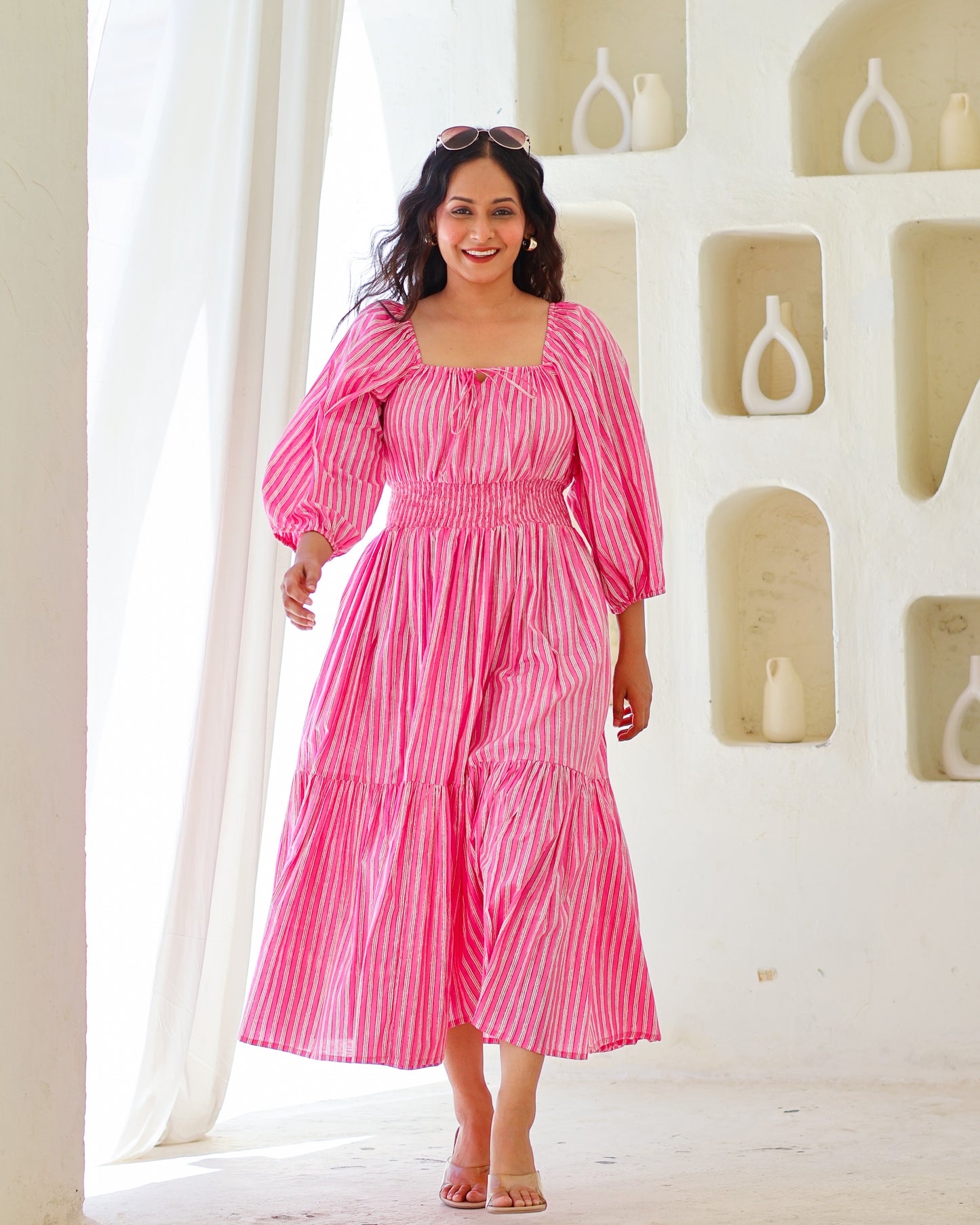 Sydney Pink Striped Cotton Tiered Midi Dress