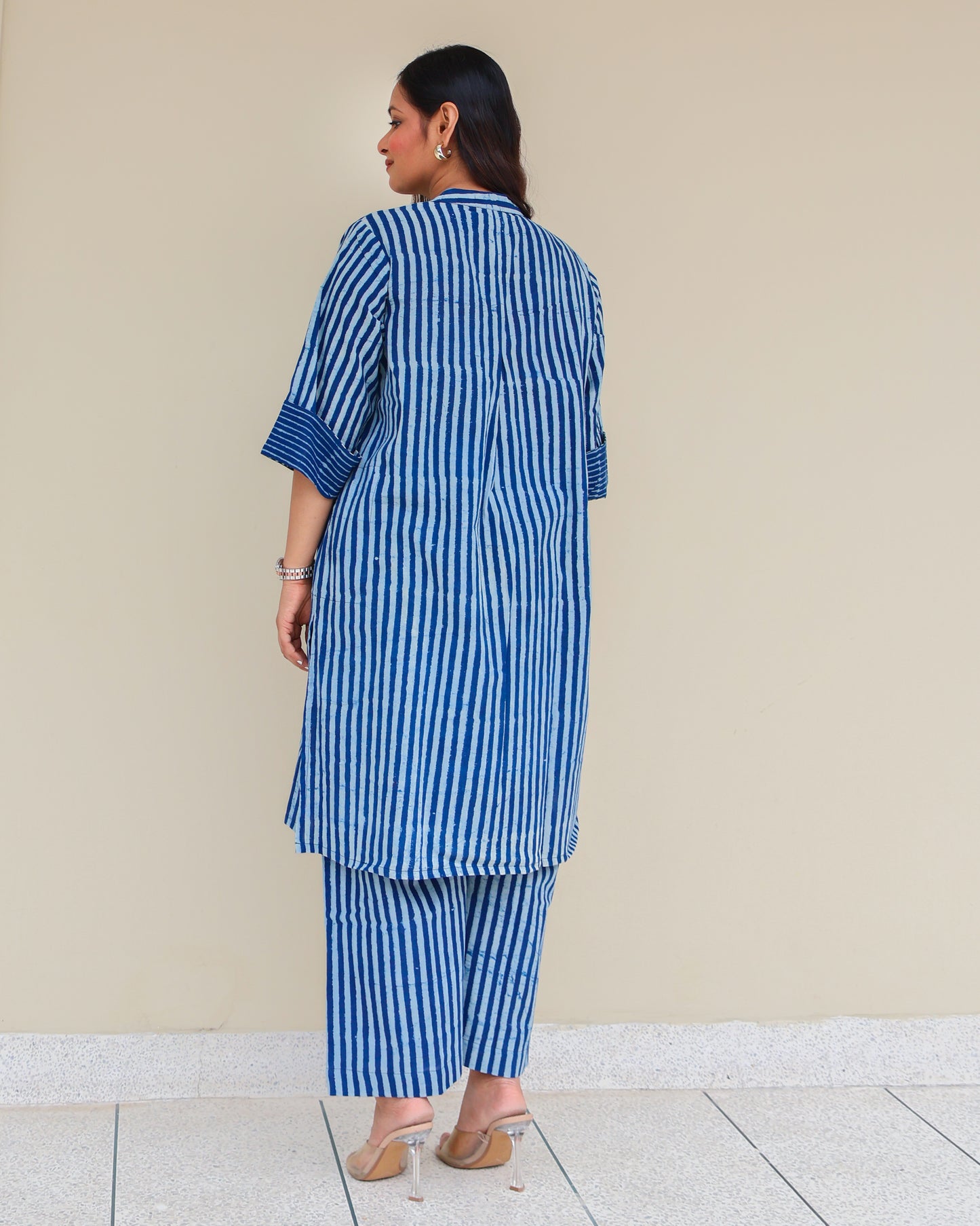 June Indigo Dabu HandBlock Stripes Print Cotton Kurta Set