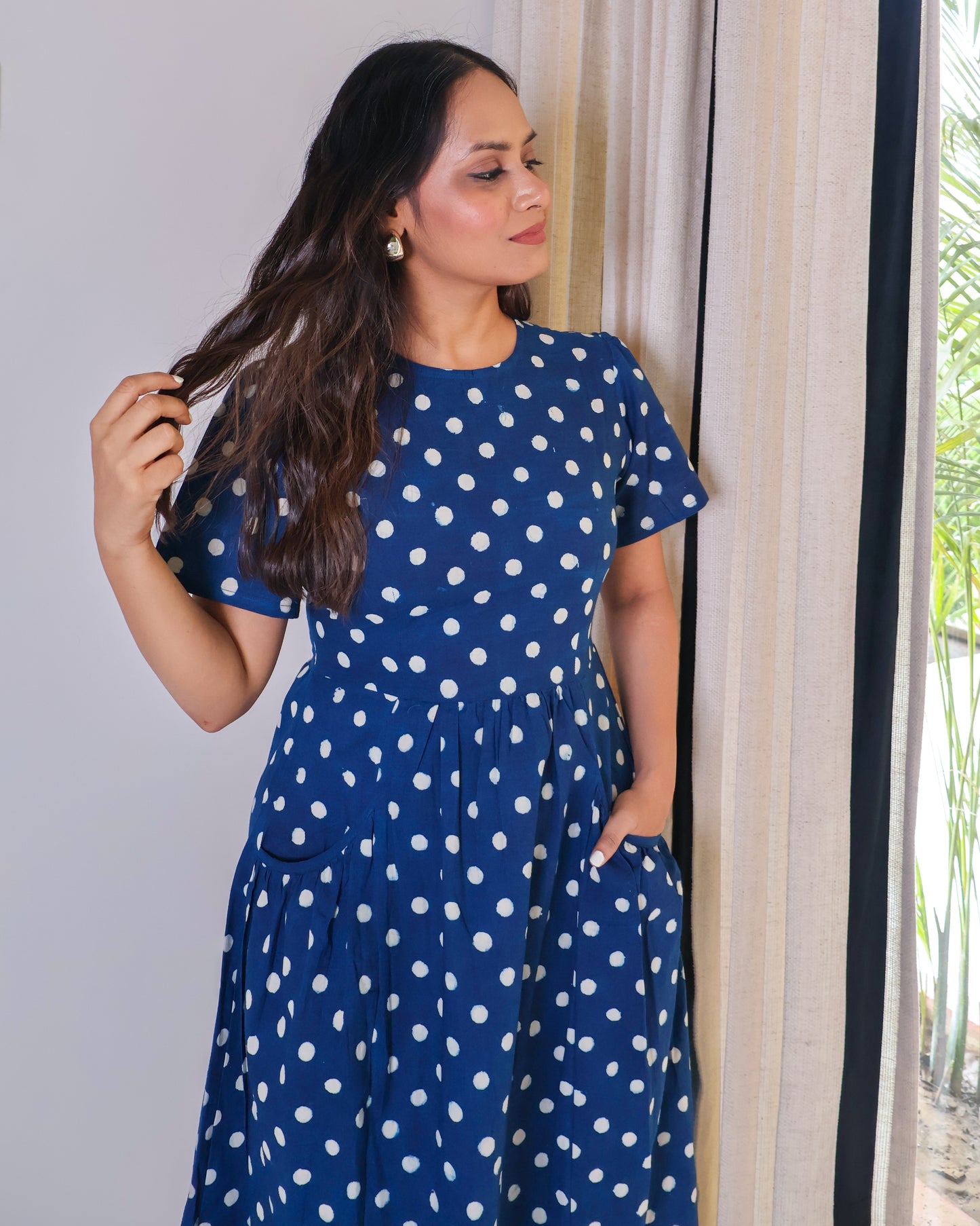 Stella Indigo Handblock Print Cotton Midi Dress