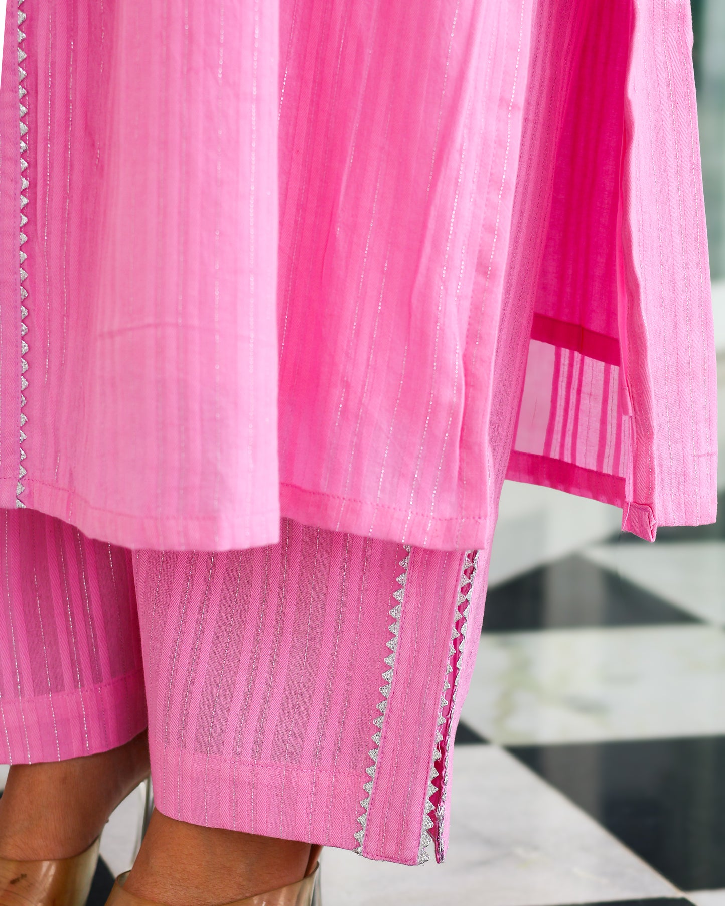 Harleen Pink Cotton Lurex Straight Kurta Set