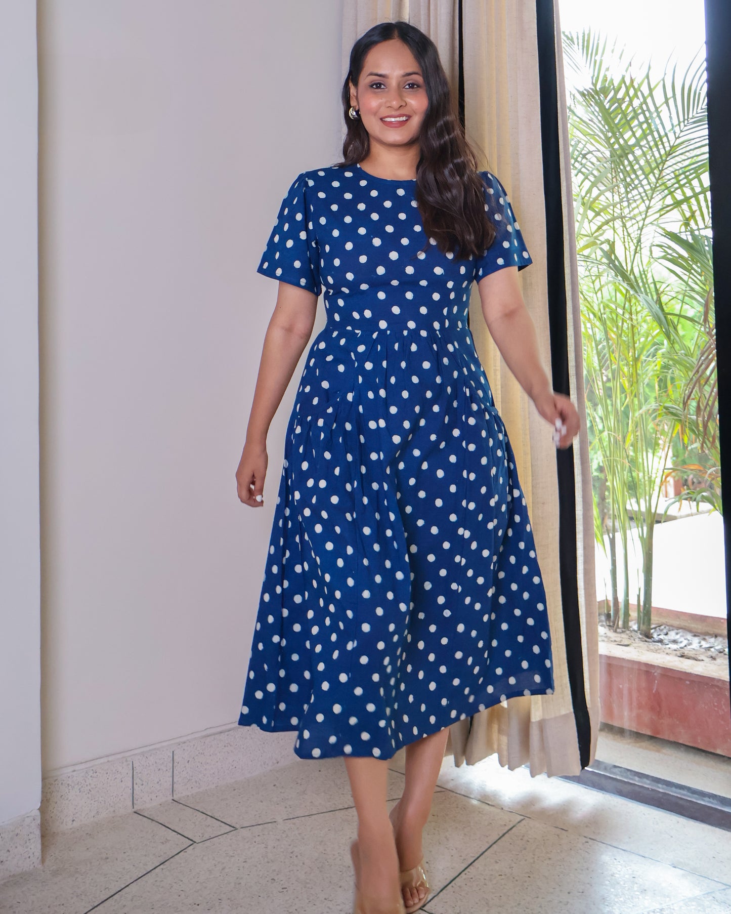 Stella Indigo Handblock Print Cotton Midi Dress